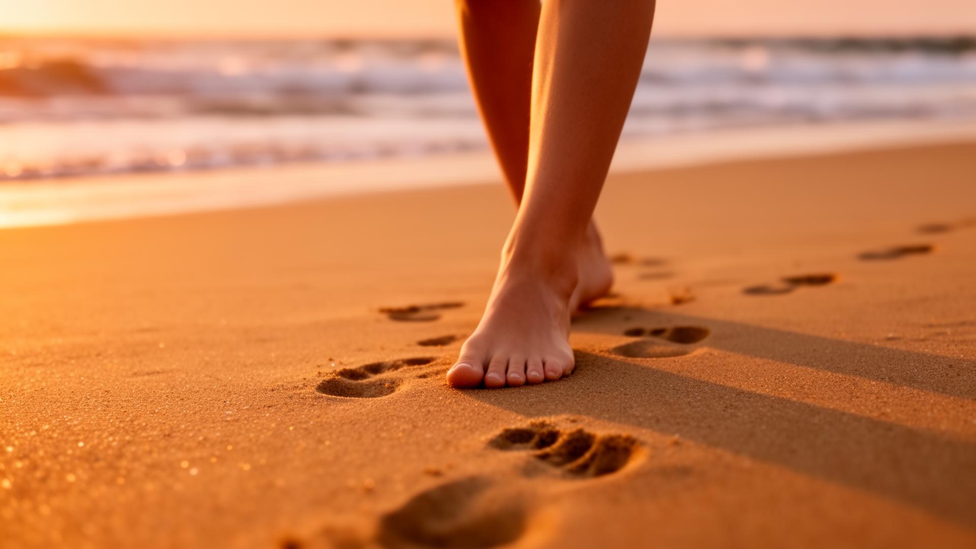 Bare feet walking on warm golden beach sand at sunrise
